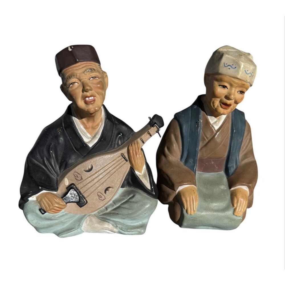 Vintage Japanese Hakata Clay Dolls Set Of 2 Asian Musician Collectible Figurine